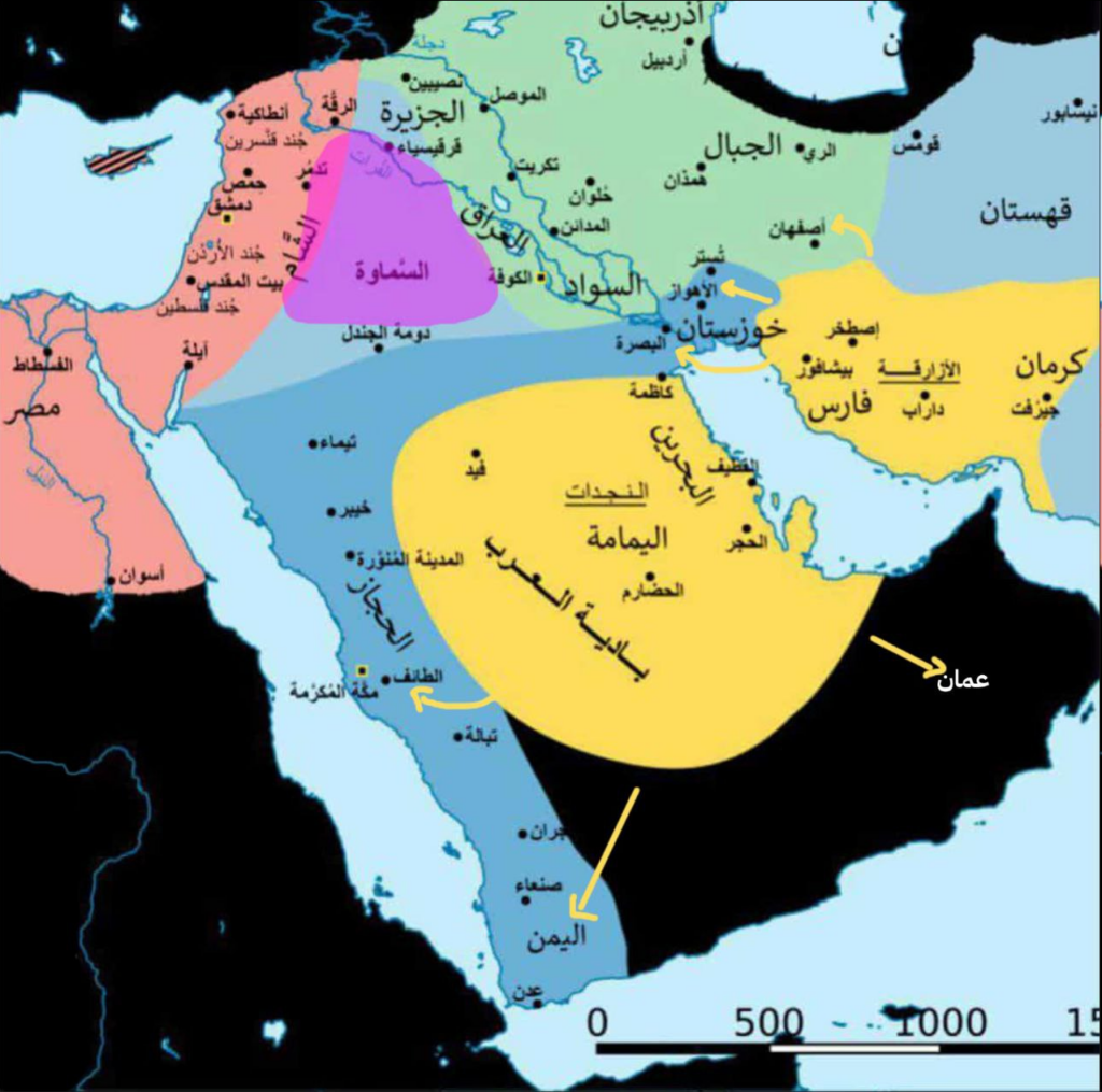 في الصورة خارطة تقريبية توضح الانقسام في خلافة ابن الزبير.